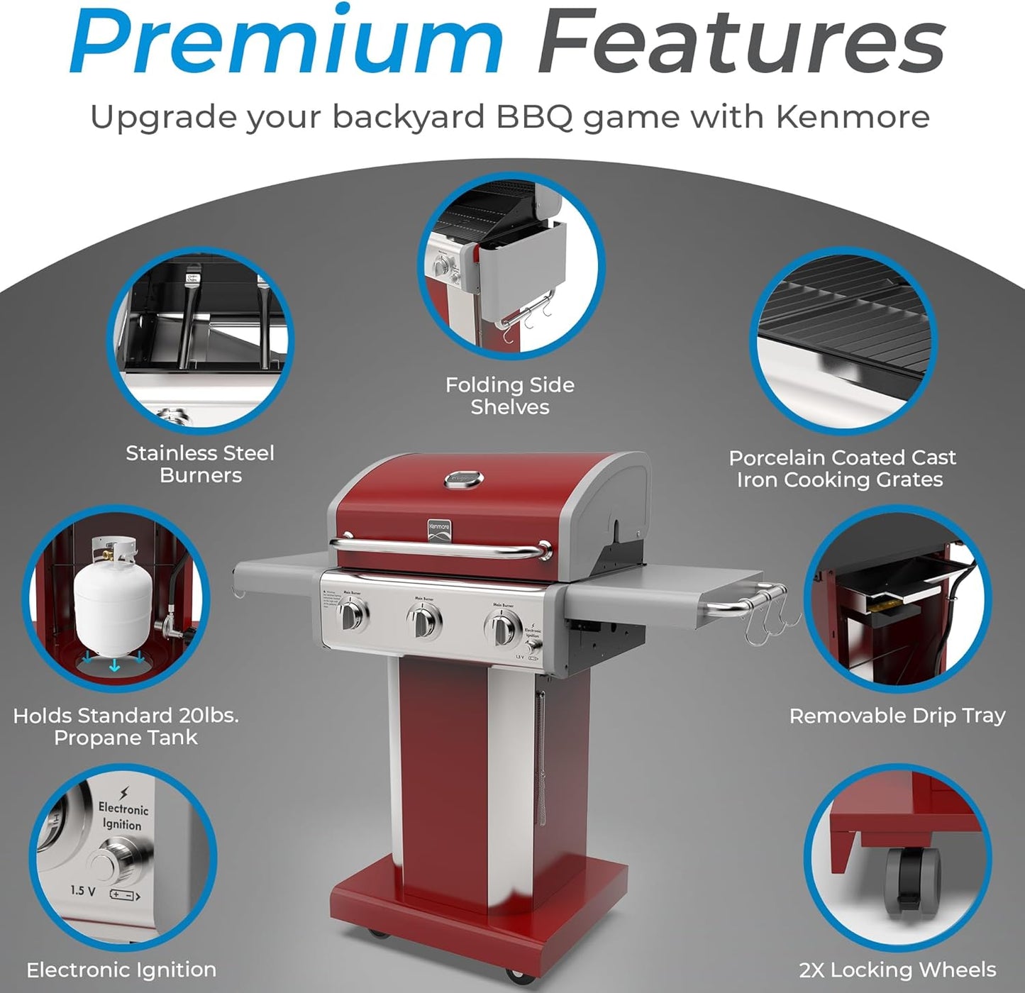 Kenmore 3-Burner Outdoor BBQ Grill | Liquid Propane Barbecue Gas Grill with Folding Sides, PG-A4030400LD-RD, Pedestal Grill with Wheels, 30000 BTU, Red