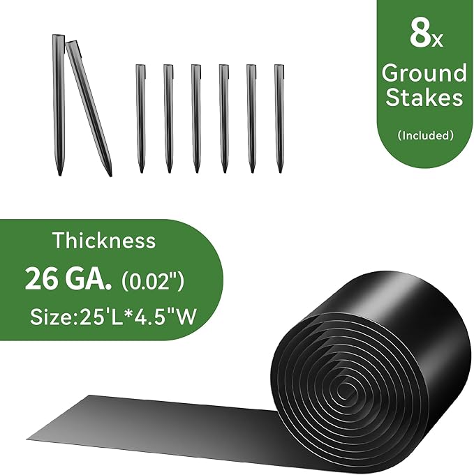Worth Galvanized Steel Landscape Edging 4.5" x25' Metal Garden Edging Roll Flexible Bender Border with 8Pcs Stakes for Lawn, Flower Bed Edges, Black