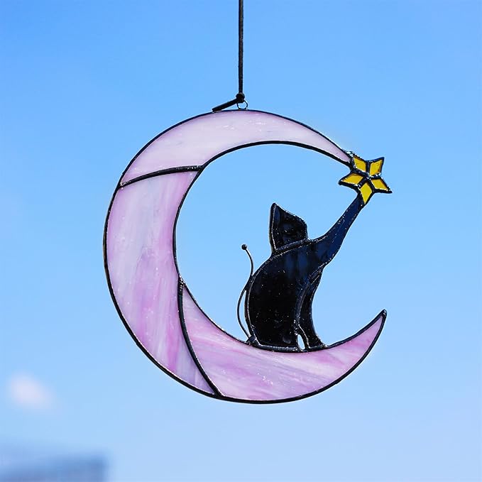 HDCRYSTALGIFTS 6.5'' Black Cat Decor on Purple Moon Stained Glass Window Hanging Suncatcher,Wall Art Glass Window Panel Sun Catcher,Halloween Ornament Decoration Memorial Gift for Lover Cat Loss