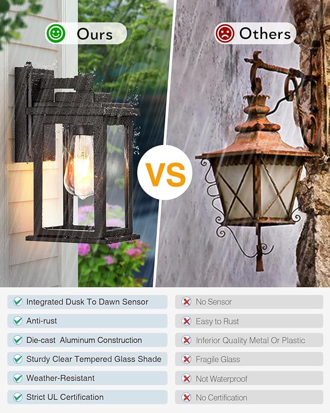 VIANIS Bronze Dusk to Dawn Outdoor Lighting, 2 Pack Outdoor Lights for House, Waterproof Porch Lights, Exterior Lighting Fixtures with Tempered Glass, for House,Garden, Garage,Hardwired, Non-Solar