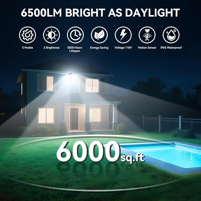 65W LED Flood Lights Outdoor, 6500LM, Waterproof, 6500K Motion Sensor Flood Lights Outdoor with Adjustable 3 Head Detected Floodlight for Outside Entryway Garage, Yard, Porch, 2Pack