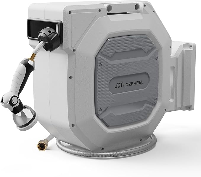 5/8" x 100 ft Heavy Duty Retractable Garden Hose Reel by HOZEREEL, Outdoor Garden Hose Reels - Self Retract Wall Mount Hose Reel Automatic Storage, 10 Pattern Nozzle, Grey