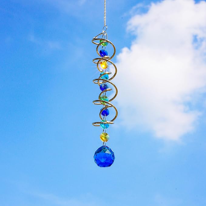 H&D HYALINE & DORA 17.7inch Gazing Ball Spiral Tail,Decorative Wind Spinner Sun Catcher,Rainbow Maker Double-Spiral W/Sea Blue Crystal Ball and Chain,Glass Crystals for Indoor Outdoor Decoration