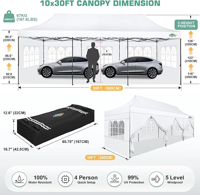 COBIZI 10x30 Pop Up Canopy Tent Heavy Duty with 8 Removable Sidewalls, Commercial Portable Tents for Parties Ez Up Canopy All-Weather Windproof & Waterproof and UPF 80+ Wedding Tent Sun Shelter