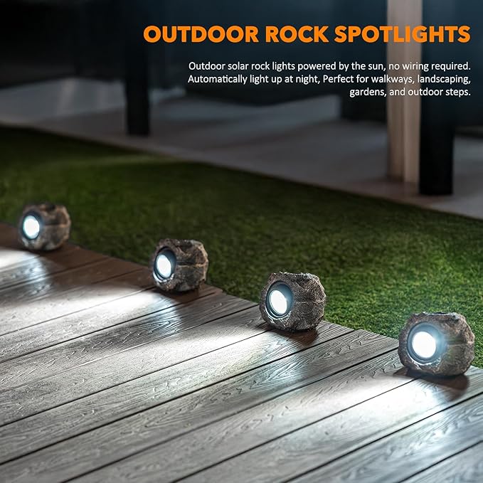 Solar Rock Lights, 4 Pack Solar Powered Waterproof LED Spotlights Decorative for Outdoor Garden, Pathway, Walkway, Yard, Landscape, Patio