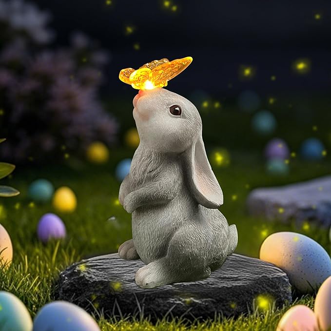Bunny Outdoor Decor, Solar Rabbit Garden Statue, Cute Easter Gift Outside Lawn Ornaments for Patio Clearance Yard Porch, Housewarming Gift to Mom Women Birthday Mother's Day