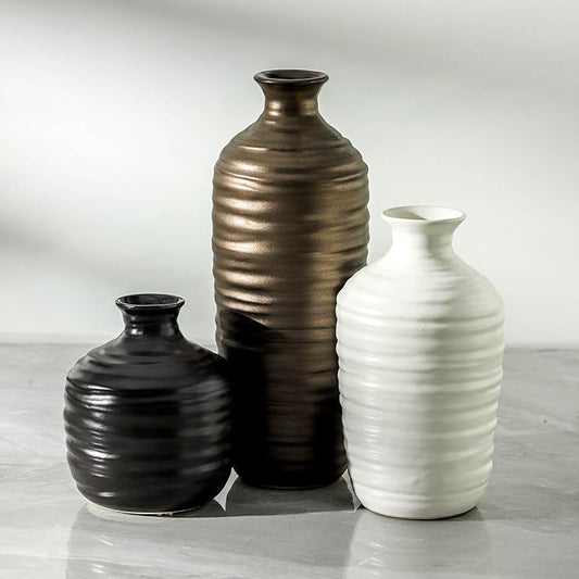 Ceramic Vase Set of 3 Neutral Decorative Vase for Farmhouse, Boho, or Rustic Home Decor Pottery Vases for Living Room Bathroom Table Mantel Fireplace Entryway Shelf (01-Metallic)