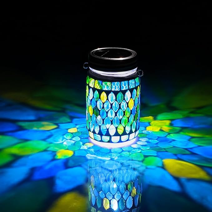 Cooo 4 Pack Mosaic Solar Lanterns Outdoor Waterproof Jar Lights Solar Powered, Hand Paste 141 Crystal Mosaics Table Hanging Garden Backyard Decor Lamps （Just a Little More, Get Double The Deligh
