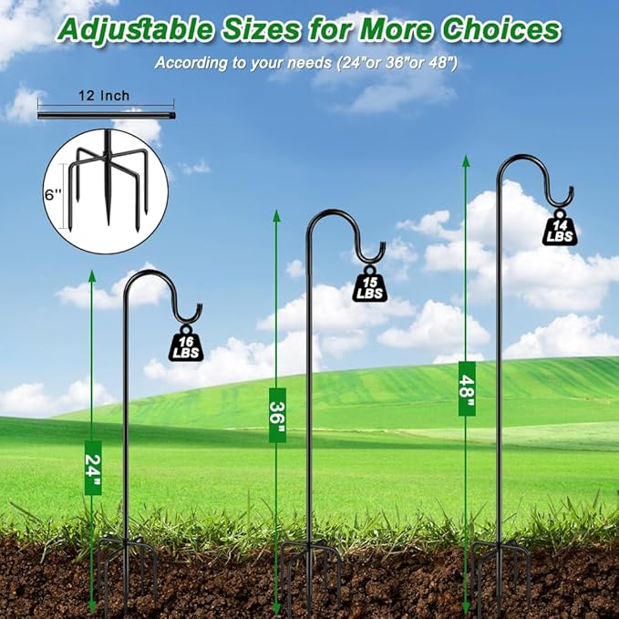 48" Shepherds Hooks for Outdoor, Heavy Duty Garden Bird Feeder Pole for Hanging Bird Feeder, Plant Baskets, Solar Light Lanterns, Outdoor Plant Hanger Hook with 5 Base Prongs,1 Packs
