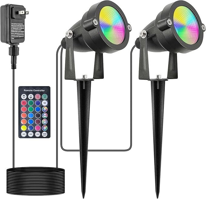 Christmas Outdoor SpotLights with Timer, 10W IP65 Waterproof Metal Landscape Lights Remote Colored Spot Lights RGB Color Changing Spotlight for Outdoor Yard Garden Lawn(2 Lights)