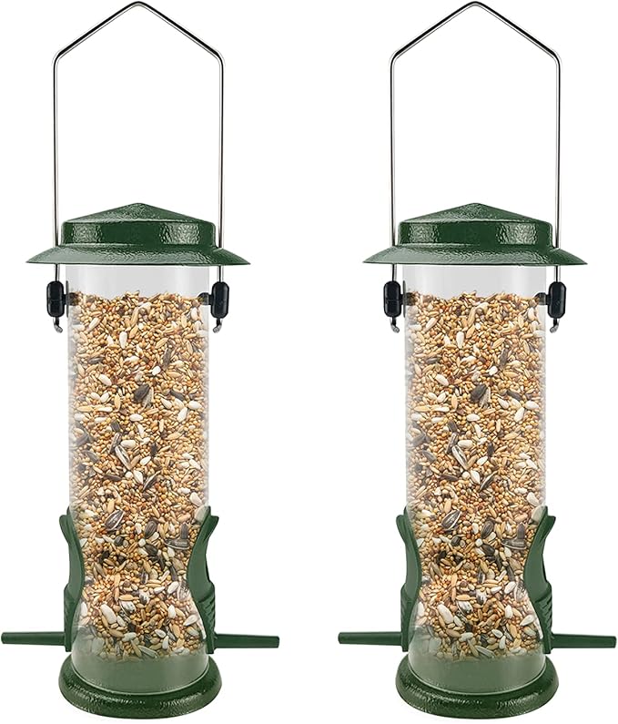 MIXXIDEA Wild Bird Feeders For Outdoors Hanging Stainless Steel Hanging Bird Feeder Tube, Finch Feeder For Garden Backyard Decoration Attractive Water Resistant Bird Feeders For Outside Green - 2 Pack