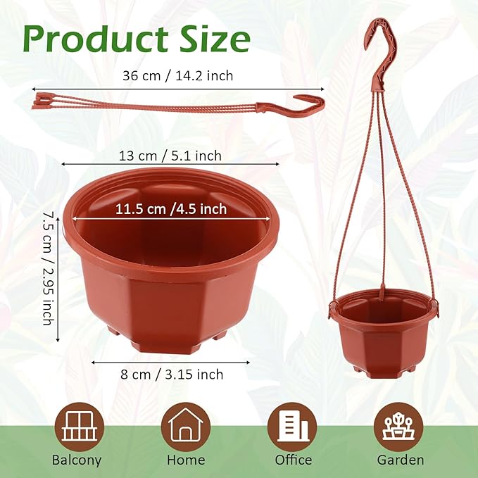 Roshtia 24 Pcs Hanging Plastic Planter Pot with Hook Flower Pots Baskets Hanging Nursery Planter Holder for Outdoor Indoor Plant Garden(Brown,5 Inch)