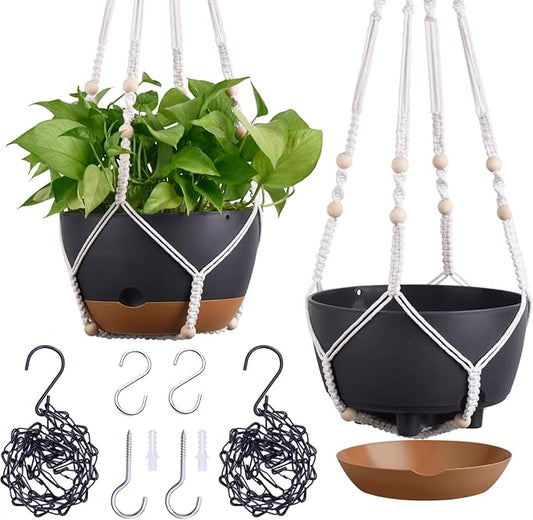 Set of 2-8 Inch Hanging Planters for Indoor Plants with Self-Watering Includes Hanging Pots for Plants, Outdoor Hanging Plant Pot with Drainage, and 2 Types of Hanging Baskets Hangers (Black)