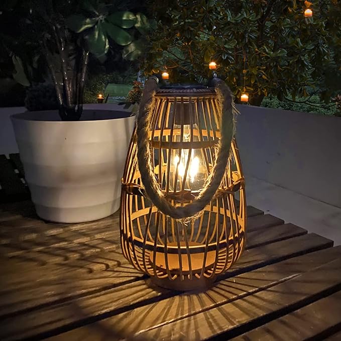 Solar Lantern Outdoor Waterproof Large Rattan Lanterns Decorative Bright Boho Lanterns Lights with Handle Rustic Hanging or Table Lamp for Fence Porch Garden Yard Wedding Decoration