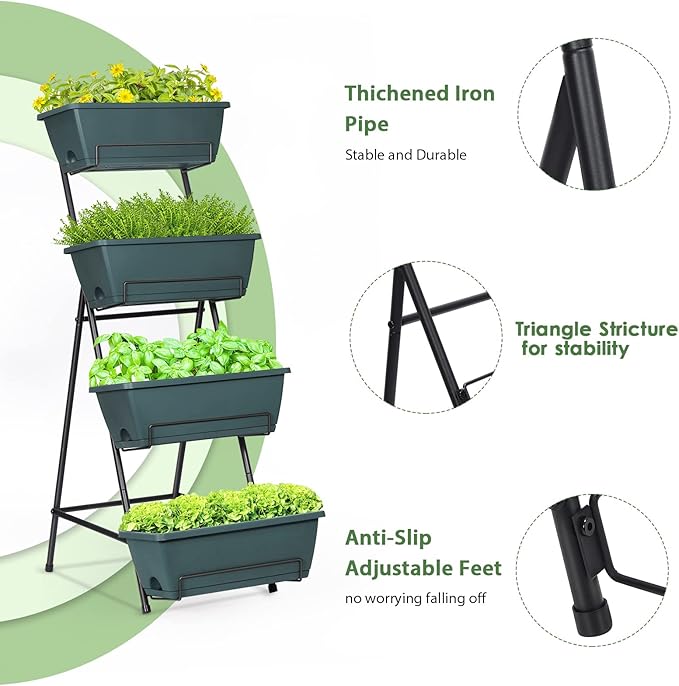Tuenort Vertical Raised Garden Bed 4 Tiers Planter Box Freestanding Garden Planter with 4 Container Boxes for Growing Vegetables Herbs Flowers on Patio Balcony Green