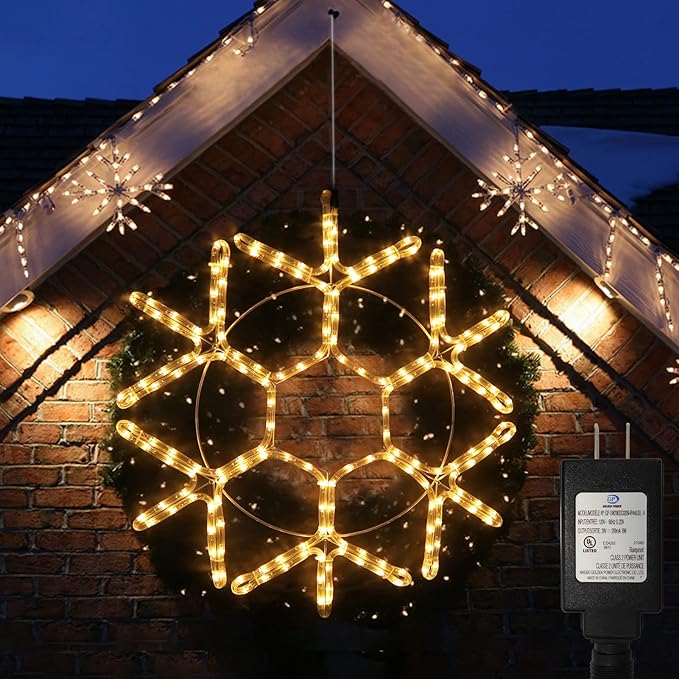 DBFAIRY 24-inch LED Christmas Snowflake Window Lights, Large Outdoor Hanging Silhouette Xmas Decor Light with Timer 16.8ft Plug-Powered Cable