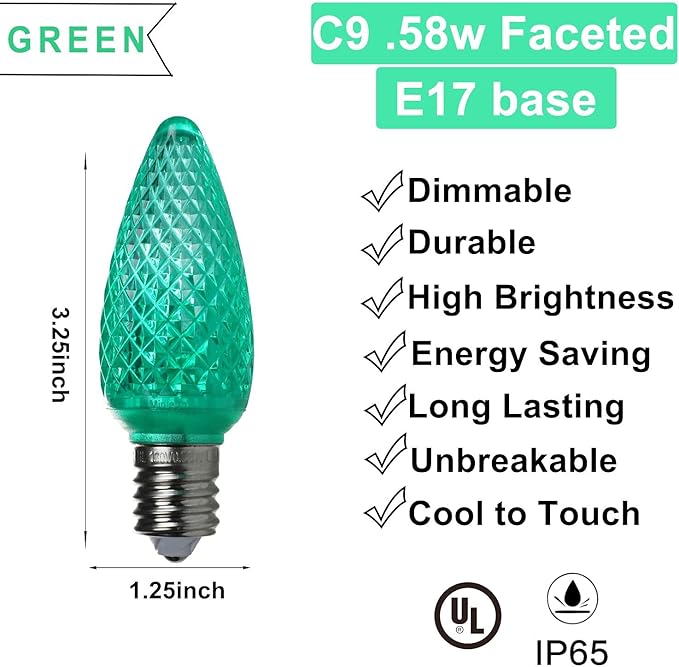 UL Listed Set of 25 C9 Green LED Christmas Lights Replacement Bulbs, Dimmable High Brightness Waterproof Christmas Replacement Bulbs for Outdoor Holiday Decoration