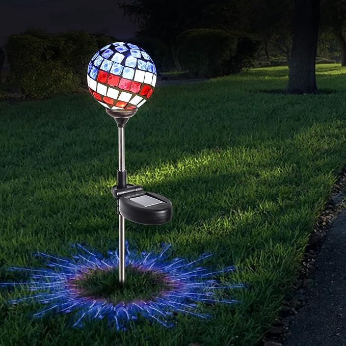 WNP Solar Powered Outdoor Garden Light Stakes Decoration,Mosaic Globe 4th of July Stake Solar Light Garden Decor,Solar Glow Glass Ball Lights Waterproof Decor Light for Patio Pathway,Yard