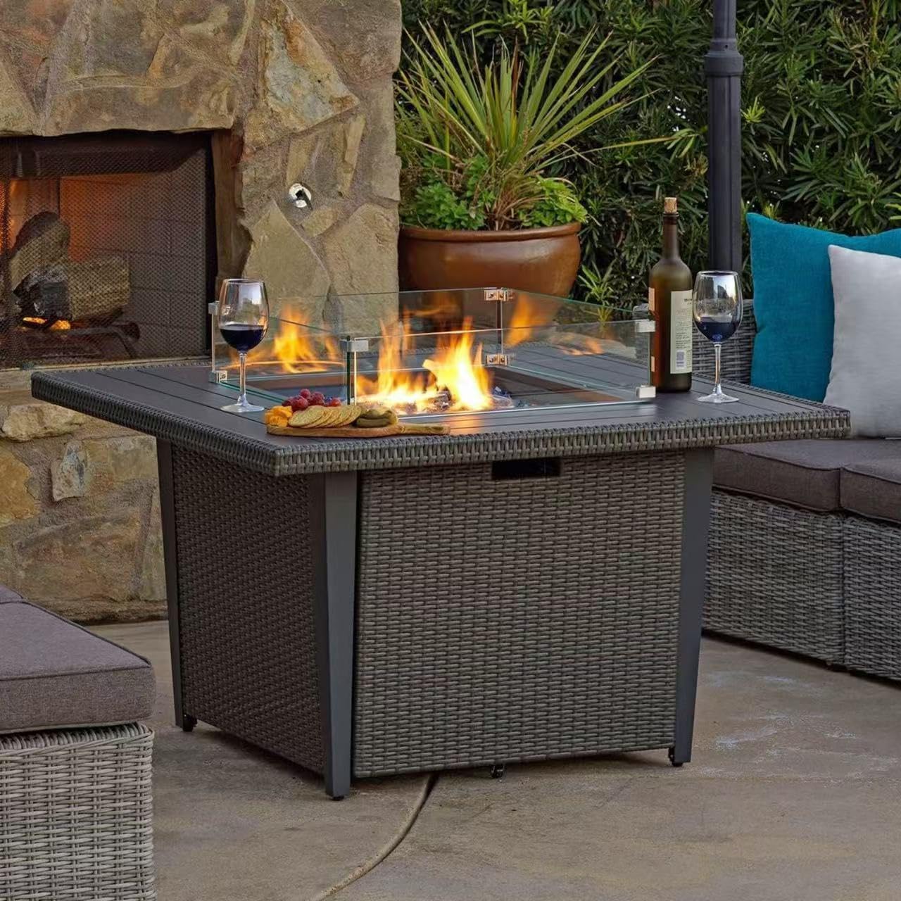 42'' Propane Fire Pit Table, 50,000 BTU Outdoor Gas Fire Table with Lid, Square Aluminum Fire Table with Wind Guard and Weather Cover, 2 in 1 Rattan Firepit Table for Outside Patio, Backyard, Gray