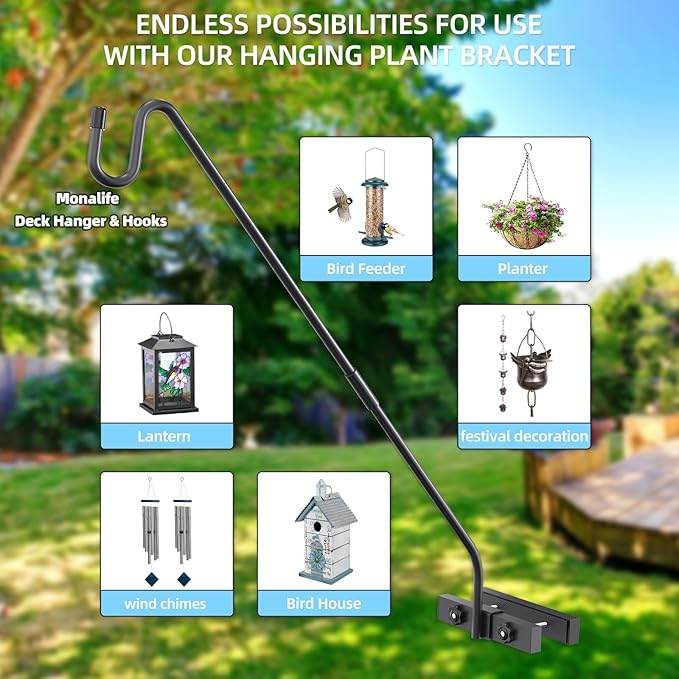 Deck Hook Railing Mount-Deck Railing Plant Hanger Outdoor，Metal Bird Feeder Hanger for Deck Railing,Fence Shepherds Hooks Pole Bracket for Hanging Hummingbird Feeder,Planter,Flower Baskets