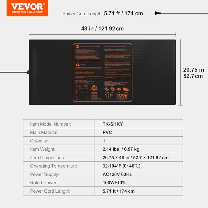 VEVOR 1 Pack Seedling Heat Mat 48"x 20.75", MET-Certified Warm Hydroponic Plant Heating Pad for Seed Starting, Waterproof Heating Mats for Germination, Indoor Gardening, Greenhouse