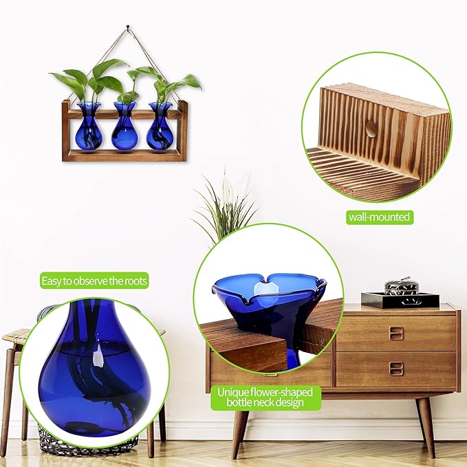 Plant Propagation Station Plant Terrarium Unique Birthday Gifts for Women Plant Lovers Home Office Decor Planter with Wooden Stand - 3 Bulb Glass Vase