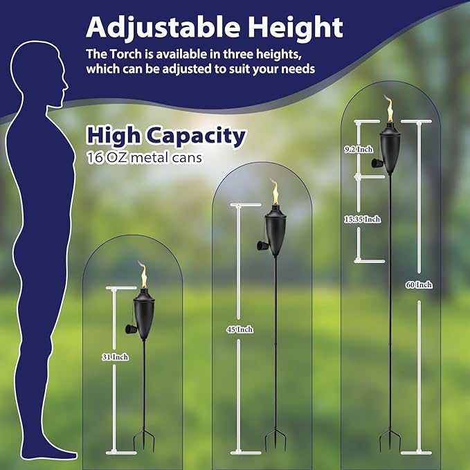 4 Pack Garden Torches for Outside， 22 oz Metal Citronella Torch with 3-Prong Grounded Stake, Perfect for Patio, Lawn, and Backyard Décor