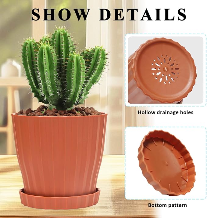 Plastic Flower Pots, 5 Pack 6 inch Indoor Plant Pots Planters for Outdoor Plants Flowers Garden Patio Home Nursery Decor Gifts,Large Succulent Pots with Drainage Tray Saucer & Hole Terracotta