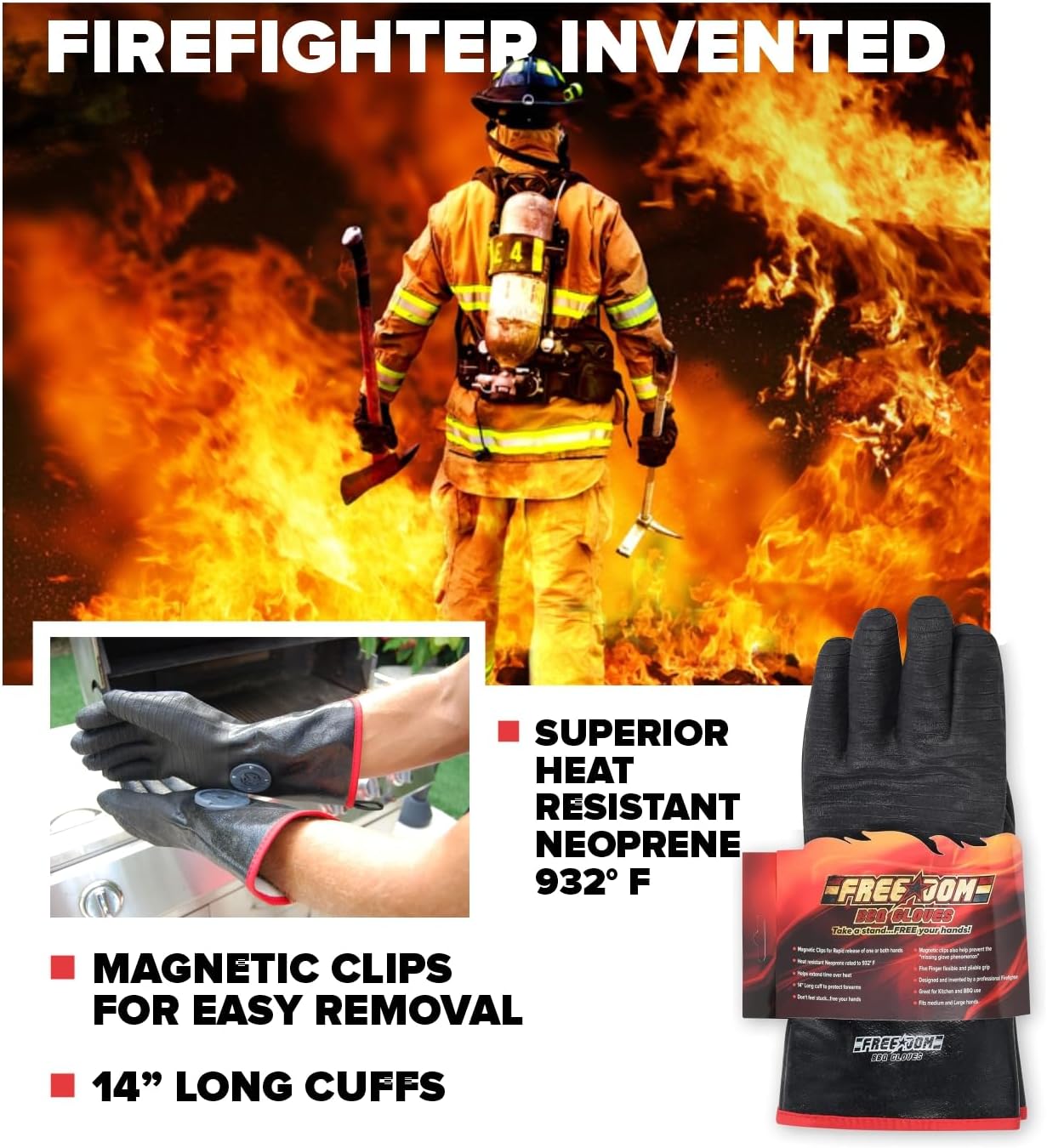 Freedom BBQ Gloves 932°F Heat Rated Magnetic EZ On Off Safety Clips Waterproof for Grills Smokers Fryers Ovens (14")