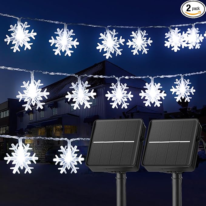 Brightown Solar Christmas Snowflake String Lights 2-Pack 100 LED 66FT Outdoor Waterproof Fairy Lights with 8 Lighting Modes for Wedding, Party, Tree, Room, Garden, Patio, Yard, Home(Pure White)