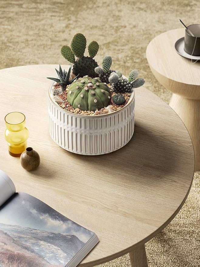 LE TAUCI Succulent Pots, 6.5+8 Inch Ceramic Indoor Plant Pot with Drainage Hole, Modern Round Decorative Flower Pot, Set of 2, Reactive Glaze White