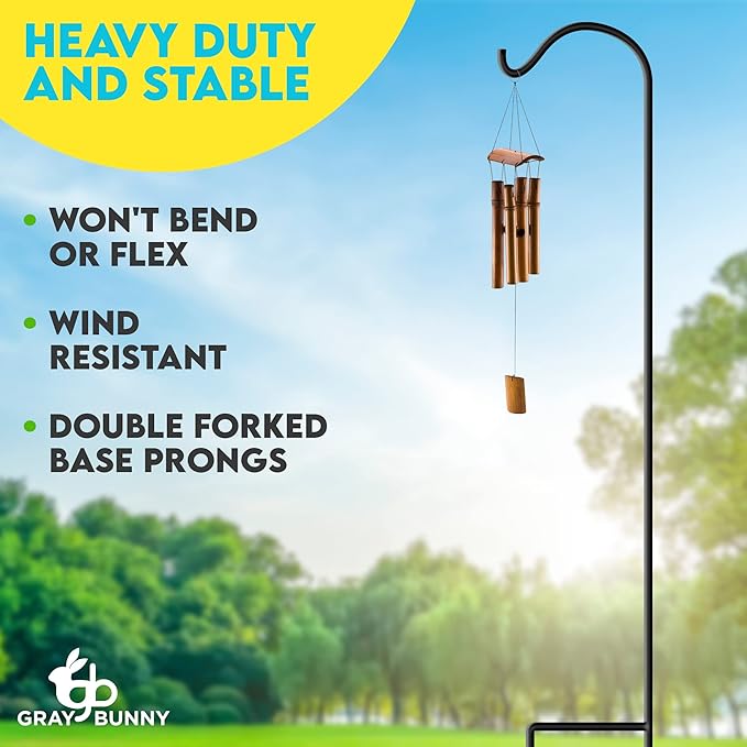 Gray Bunny 65" Shepherds Hooks for Outdoor 2 Pack, Thick Bird Feeder Pole, Hanging Plant Stand, Shepherds Hook for Bird Feeder, Non-Hollow, Non-Adjustable, Extra Long Base Prongs