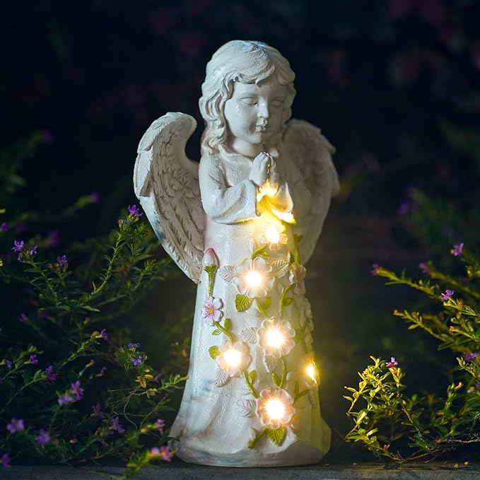 Nacome Solar Garden Outdoor Statues Angel with Succulent and 7 LED Lights – Lawn Decor for Patio, Balcony, Yard Ornament - Unique Housewarming Gifts
