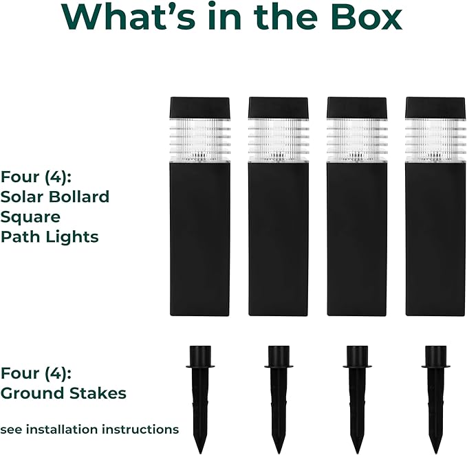 TECHKO Solar Small Bollard Rectangular Pathway Lights – 4-Pack, Dusk-to-Dawn, Weather-Resistant Outdoor LED Lighting