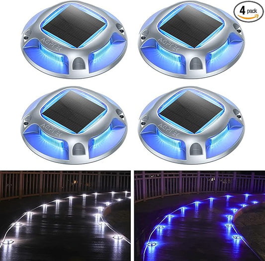 AGPTEK Solar Driveway Lights Outdoor 4 Pack, 2 Color Modes LED Deck Dock Marine Waterproof Security Marker Lights for Step Sidewalk Stair Garden Pathway Walkway Yard(Blue Light/Cool White)