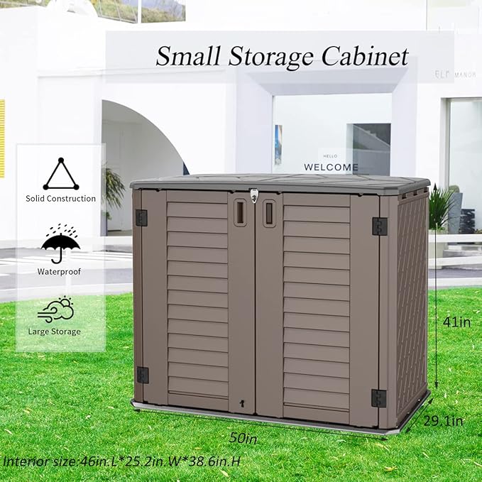 Horizontal Resin Storage Shed, 34 Horizontal Cu.ft Outdoor Storage Cabinet Waterproof for Garden/Backyard/Home/Pool, Lockable(34 Cu.ft-Brown)
