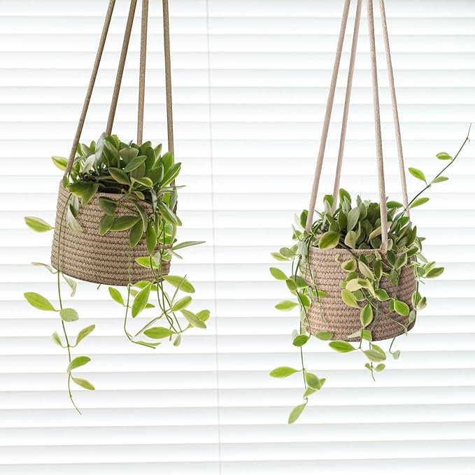 Flexzion Hanging Plant Basket, Boho Cotton Rope Basket Indoor Hanging Planter, Up to 7" Flower Pot, Macrame Woven Modern Plant Holder, Storage Bin Organizer, Home Decor with 20" Hanging Rope, Brown