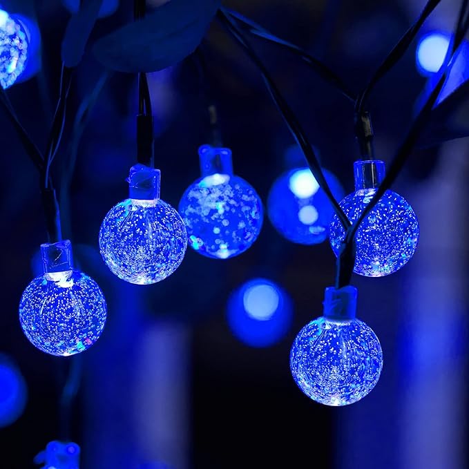 Brightown Solar String Lights - 60 Led, 35.6 Feet Crystal Globe Lights with 8 Modes, Waterproof, Solar Powered for Outdoor Garden Yard Porch Wedding Party Decor Halloween (Blue)