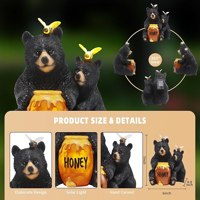 Solar Garden Decor Statues 7" Resin Mother&Cub Bear Figurines with Honey Jar Waterproof Black Bear Decor for Outside Yard Patio Porch Decoration Gift for Mom Grandma