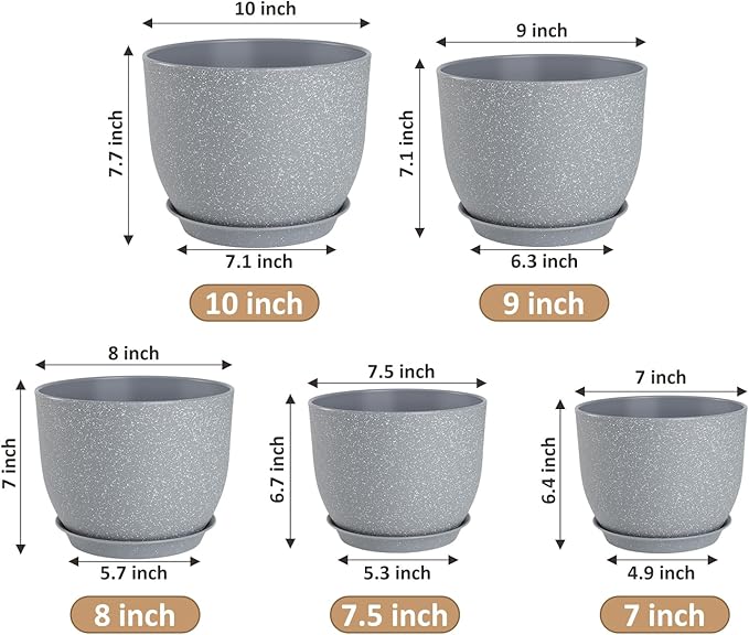 Plant Pots 10/9/8/7.5/7 inch Flower Pots with Multi Mesh Drainage Holes, Planters for Indoor Outdoor Garden Plants and Flowers. (Gray)