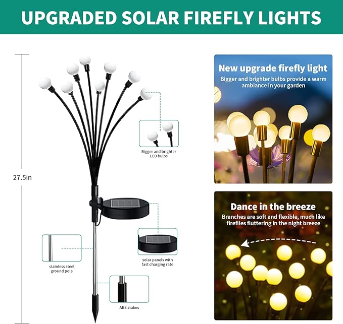 Solar Garden Lights, 4 Pack 32 LED Outdoor Firefly Lights, Waterproof Solar Pathway Lights, Swaying Decorative Solar Lights for Yard, Patio, Pathway, and Garden, Warm White Glow