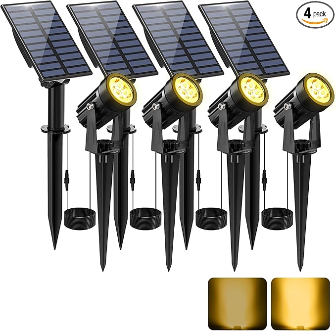 Solar Spot Lights Outdoor, Solar Landscape Spotlights IP65 Waterproof 9.8ft Cable, Auto On/Off Outdoor Wall Lights for Garden Yard Driveway Porch Walkway Pool (1-in-1 3000K Warm White 4 Pack)