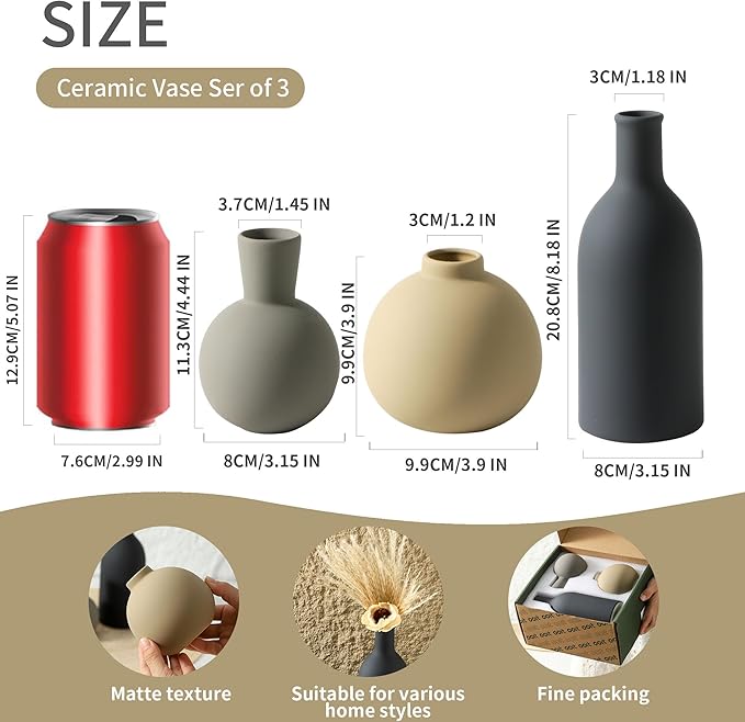 Ceramic Vase Set of 3, Flower Decorative Vases Home Decor Boho Neutral Modern Pottery Pampas Vases for Centerpiece Bouquet Table Mantel Entryway Bookshelf Living Room Bedroom Bathroom Kitchen