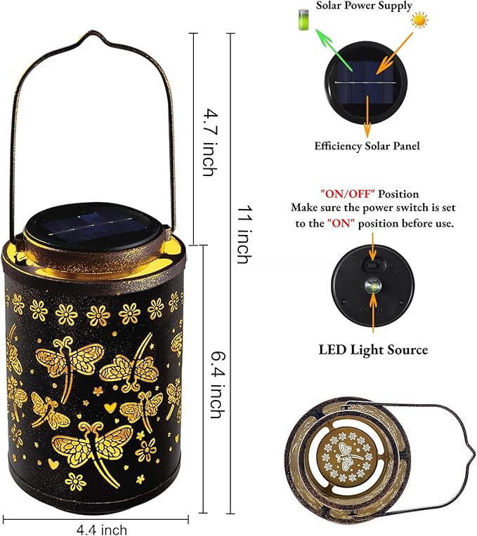 Solar Lanterns Outdoor Waterproof Dragonfly Garden Decor Gift for Women, Mom, Grandma, Hanging Metal Solar Lights for Yard, Patio, Porch, Backyard, Pathway Decoration