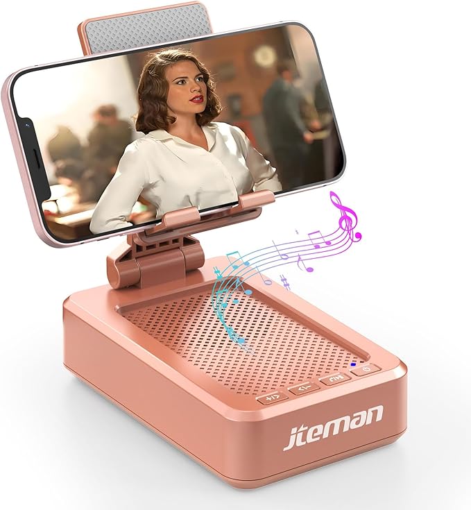Jteman Portable Phone Stand with Speaker Bluetooth Wireless,Gifts for Men Women,Birthday for Women Men,Kitchen Gadgets for Men,Phone Holder for Desk - Rose Gold