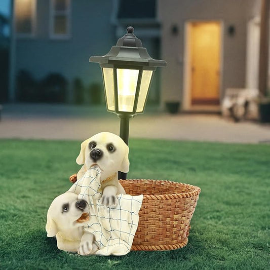 Solar Garden Outdoor Decor Statues Labrador Puppies Playing in Basket with Light,Outside-Outdoor Decorations Sculptures for Patio Yard Lawn Walkway Ornaments Clearance Gifts for Mom Grandma Birthday