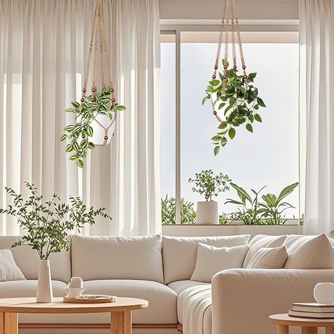 Jute Macrame Plant Hanger Indoor Set of 2 Hanging Planter Basket Flower Pot Holder with Decorative Wood Beads & No Tassels for Indoor Outdoor Boho Home Decor, 35 Inch Brown (Pots Not Included)