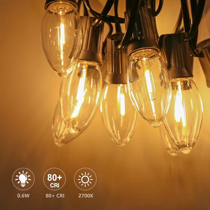 50 Pack C9 LED Replacement Christmas Light Bulbs, Soft White 2700K Waterproof Shatterproof Outdoor String Lights Vintage LED Filament Bulb, E17 Base, Commercial Grade Holiday Decoration Bulbs