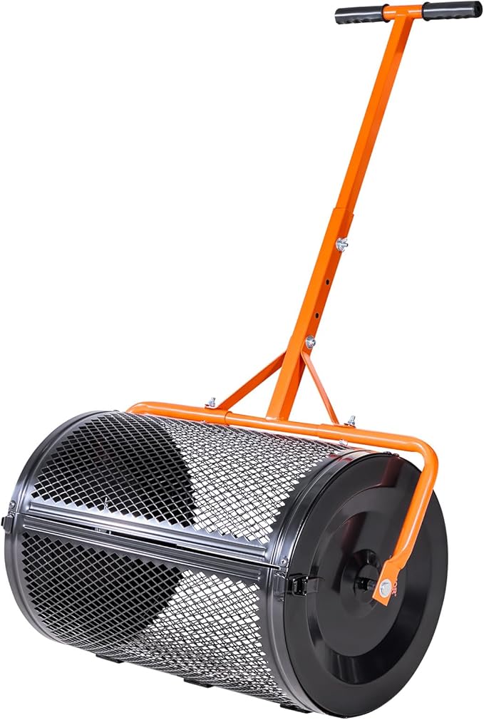 VEVOR Compost Spreader, 24 in Wide Peat Moss Spreader with T Shaped Handle, 3 Heights Adjustable, Powder-Coated Steel Garden Peat Moss Roller, Heavy Duty Grass Seed Spreaders for Planting Seeding