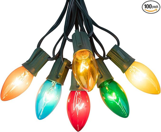 C9 Bulb String Lights Outdoor 100 Feet Multicolored Christmas Lights Green Wire for Outdoor Patio Room Christmas Tree Party Backyard Xmas Decoration, E17 Base, 100+4 Bulbs, Not Connectable